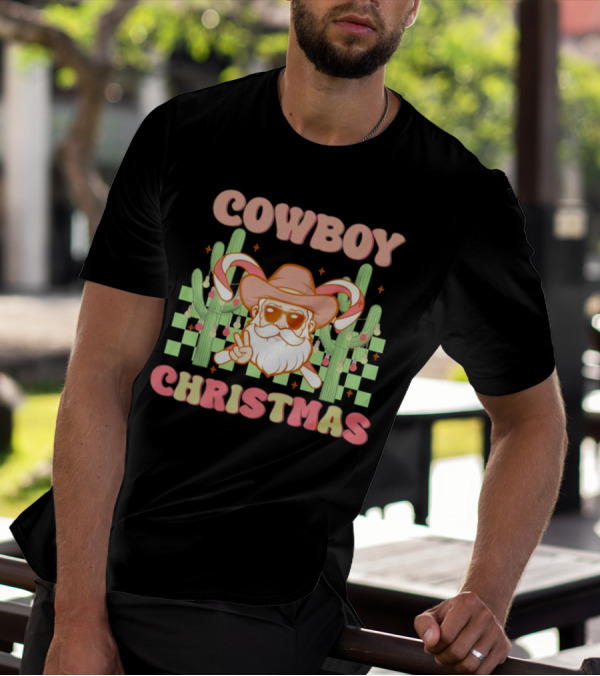 Cowboy Christmas Santa With Candy Cane And Cactus T-Shirt