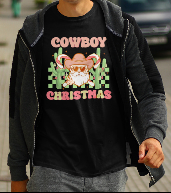 Cowboy Christmas Santa With Candy Cane And Cactus T-Shirt