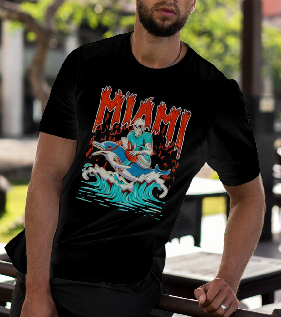 MIAMI Skeleton Riding Dolphin With Football And Flames T-Shirt