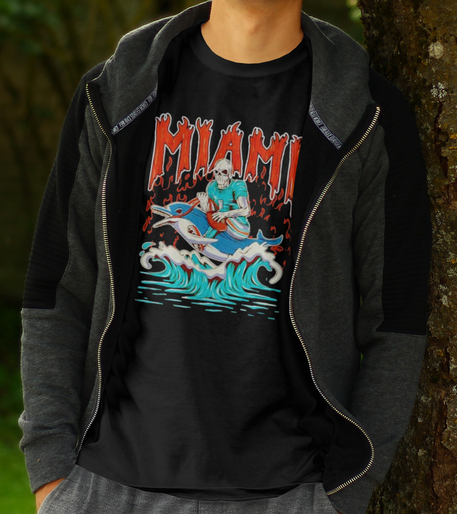 MIAMI Skeleton Riding Dolphin With Football And Flames T-Shirt