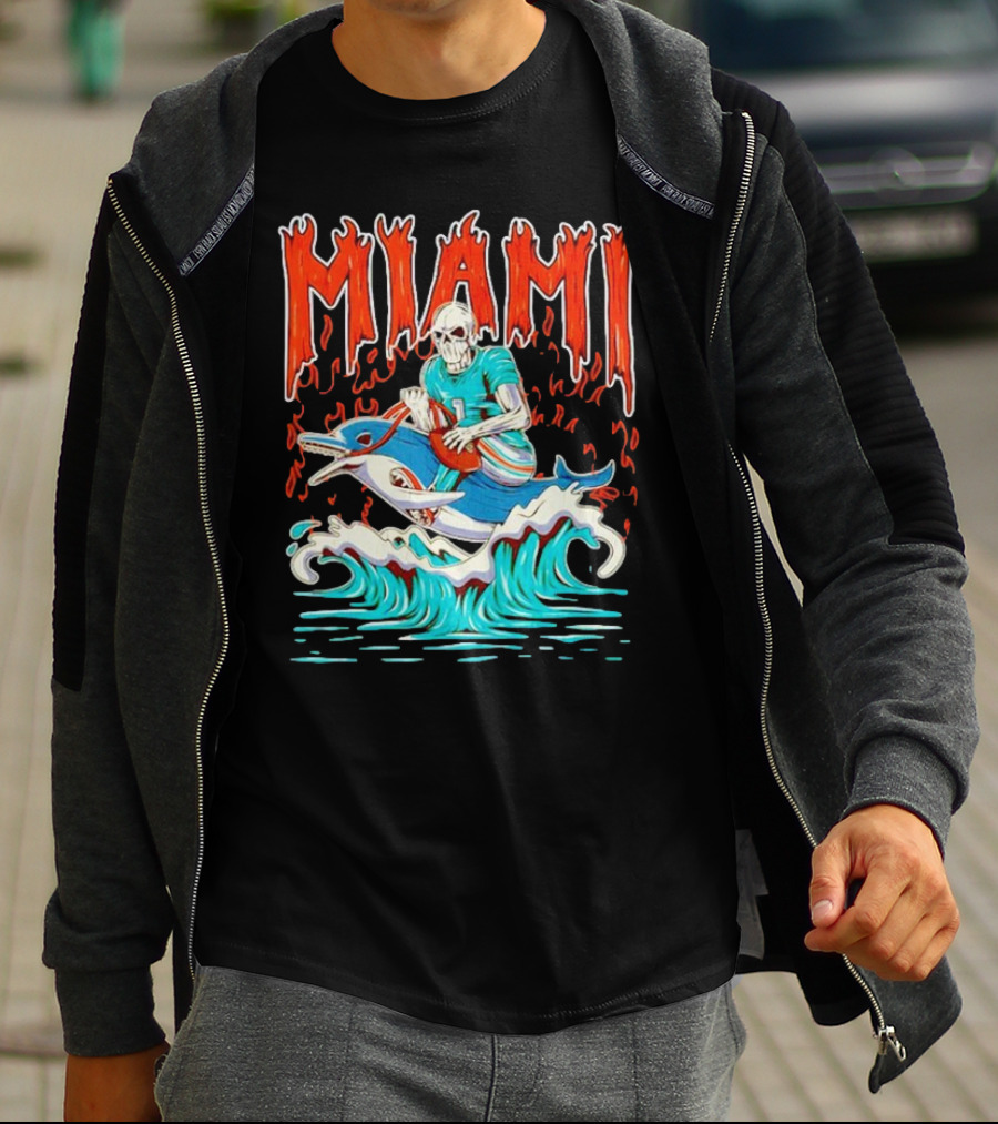MIAMI Skeleton Riding Dolphin With Football And Flames T-Shirt