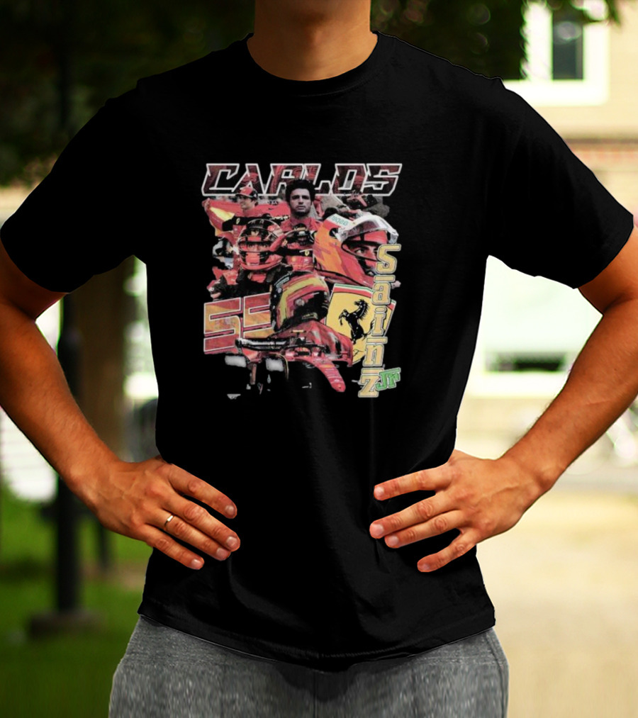 Carlos Sainz Jr Ferrari Racing Inspired Collage With Car Number 55 T-Shirt