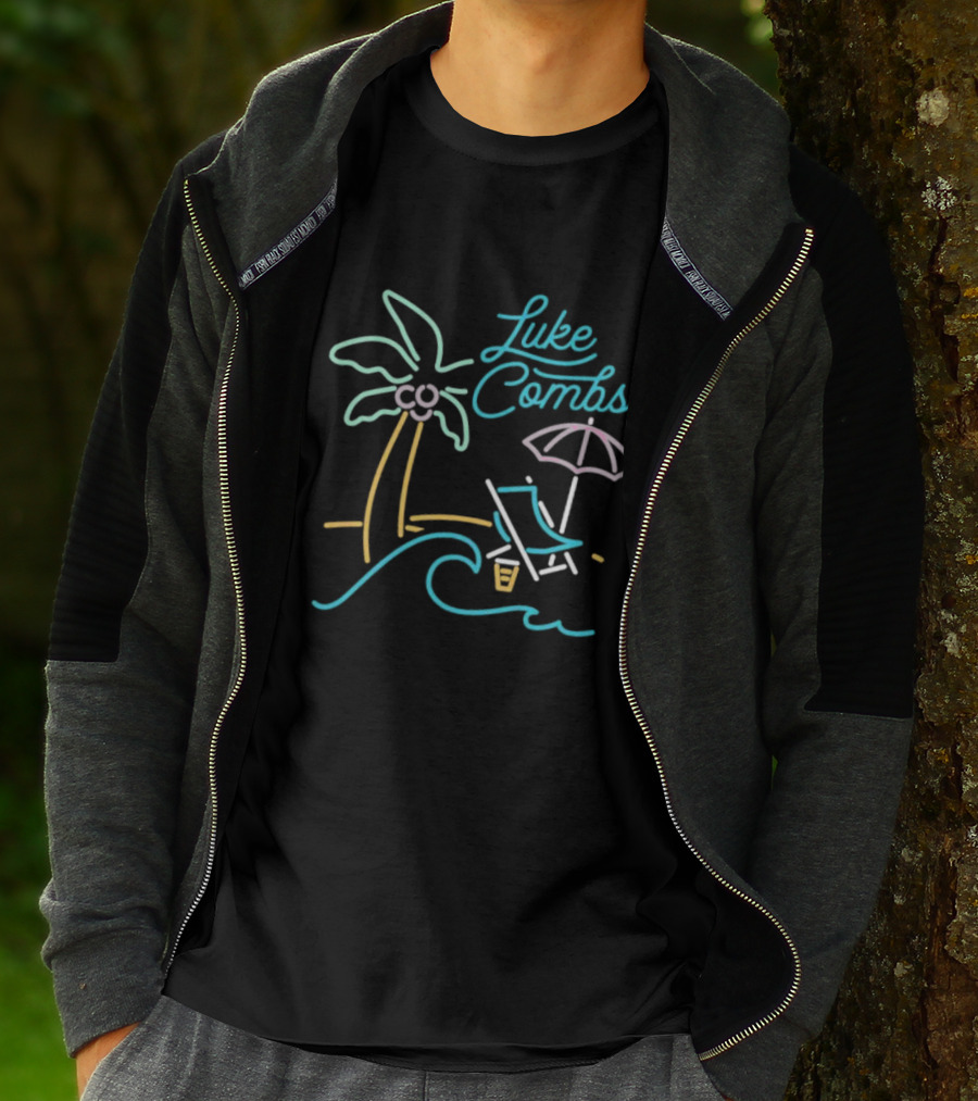 Luke Combs Neon Palm Tree Beach Scene With Umbrella And Chair T-Shirt