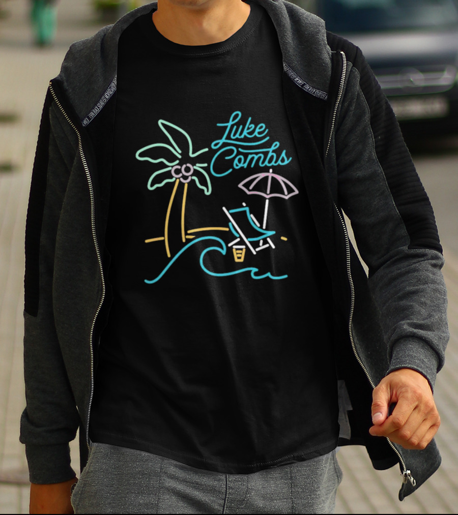 Luke Combs Neon Palm Tree Beach Scene With Umbrella And Chair T-Shirt