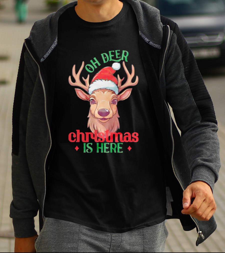 Oh Deer Christmas Is Here Festive Reindeer Santa Hat T-Shirt