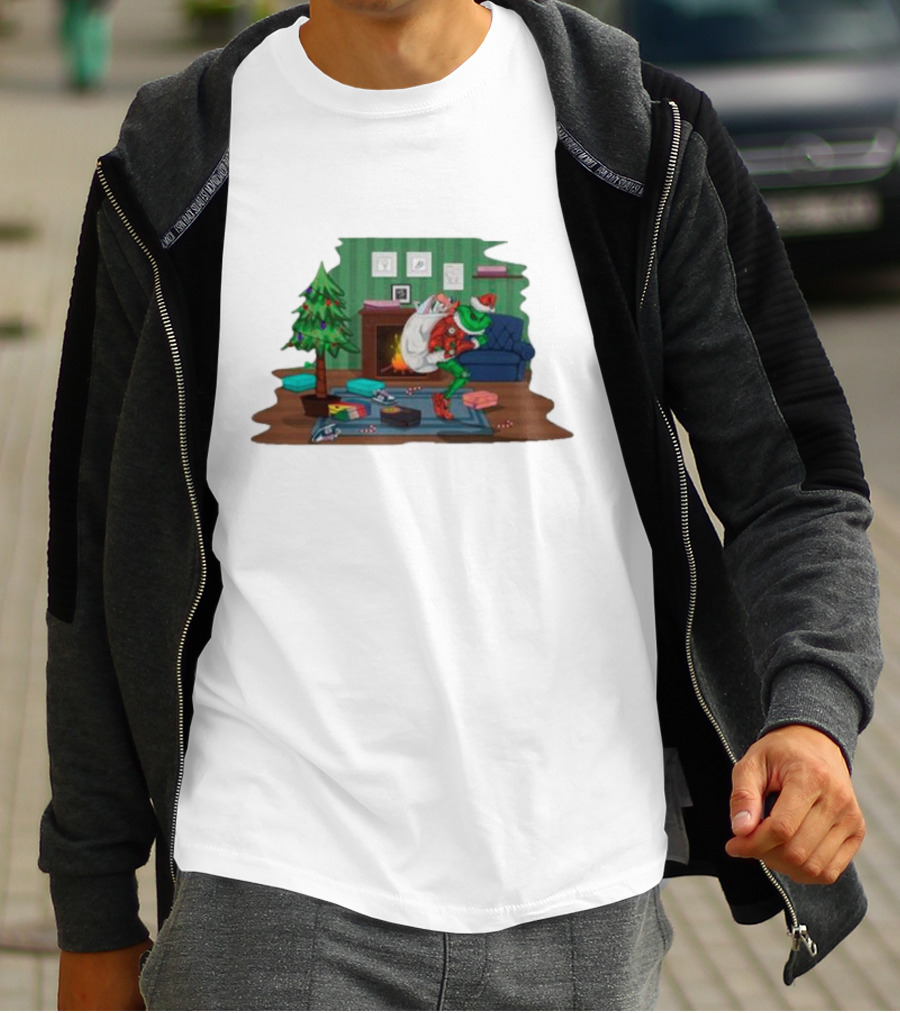 Grinch In Santa Outfit Stealing Presents By The Christmas Tree T-Shirt