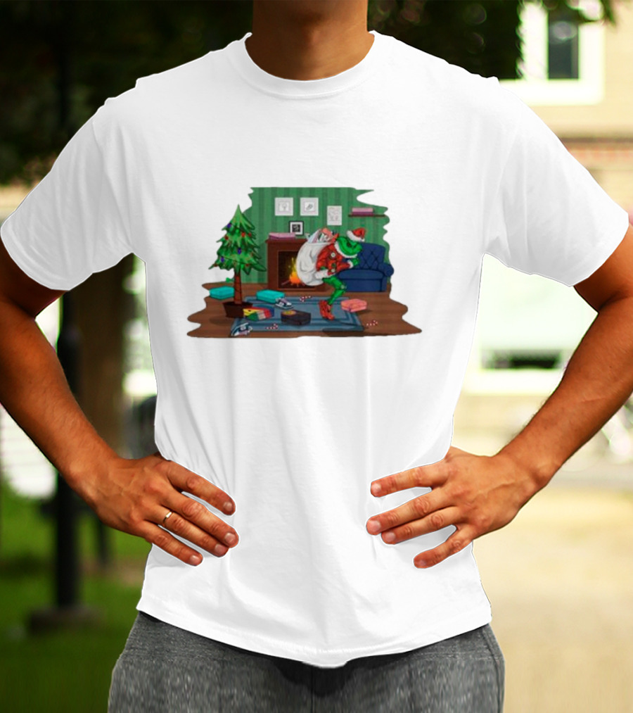 Grinch In Santa Outfit Stealing Presents By The Christmas Tree T-Shirt
