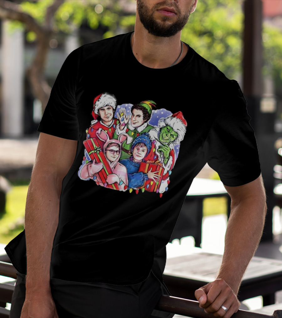 Christmas Friends Movie Character Santa Elf Grinch Pink Bunny T-Shirt