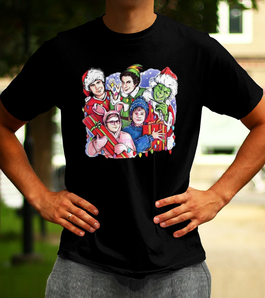 Christmas Friends Movie Character Santa Elf Grinch Pink Bunny T-Shirt