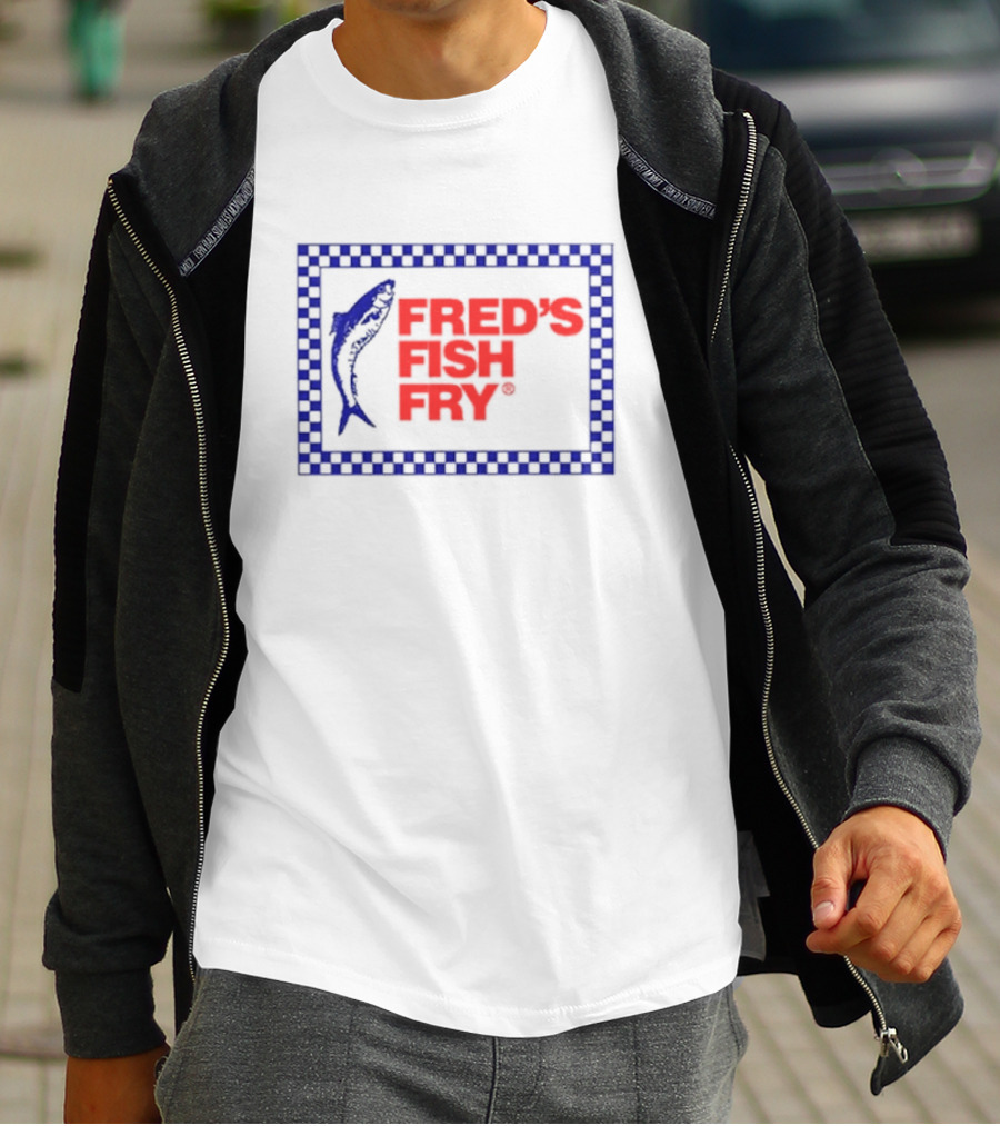 Fred’s Fish Fry Red And Blue Checkered Border With Fish T-Shirt