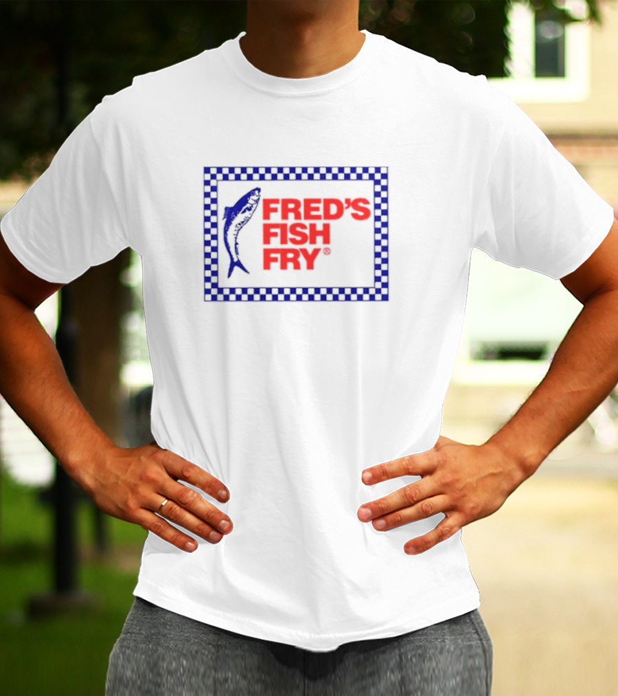 Fred’s Fish Fry Red And Blue Checkered Border With Fish T-Shirt