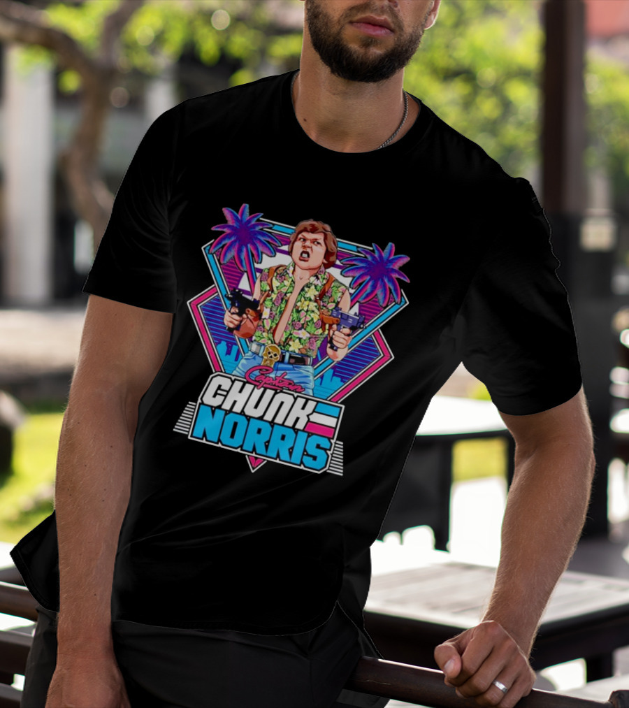 Captain Chunk Norris Retro Miami Vice Styled Character With Dual Pistols And Neon Palm Trees T-Shirt