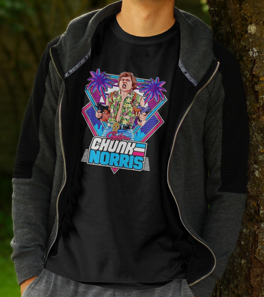 Captain Chunk Norris Retro Miami Vice Styled Character With Dual Pistols And Neon Palm Trees T-Shirt