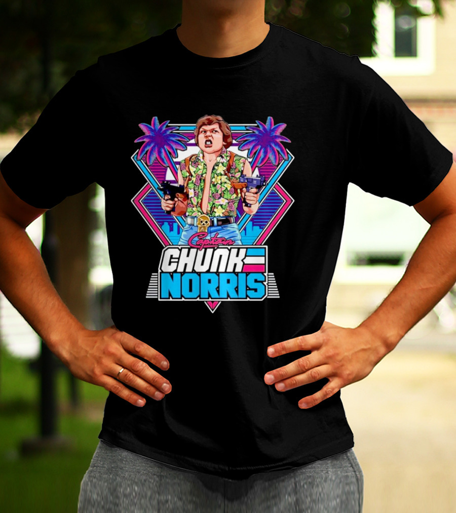 Captain Chunk Norris Retro Miami Vice Styled Character With Dual Pistols And Neon Palm Trees T-Shirt