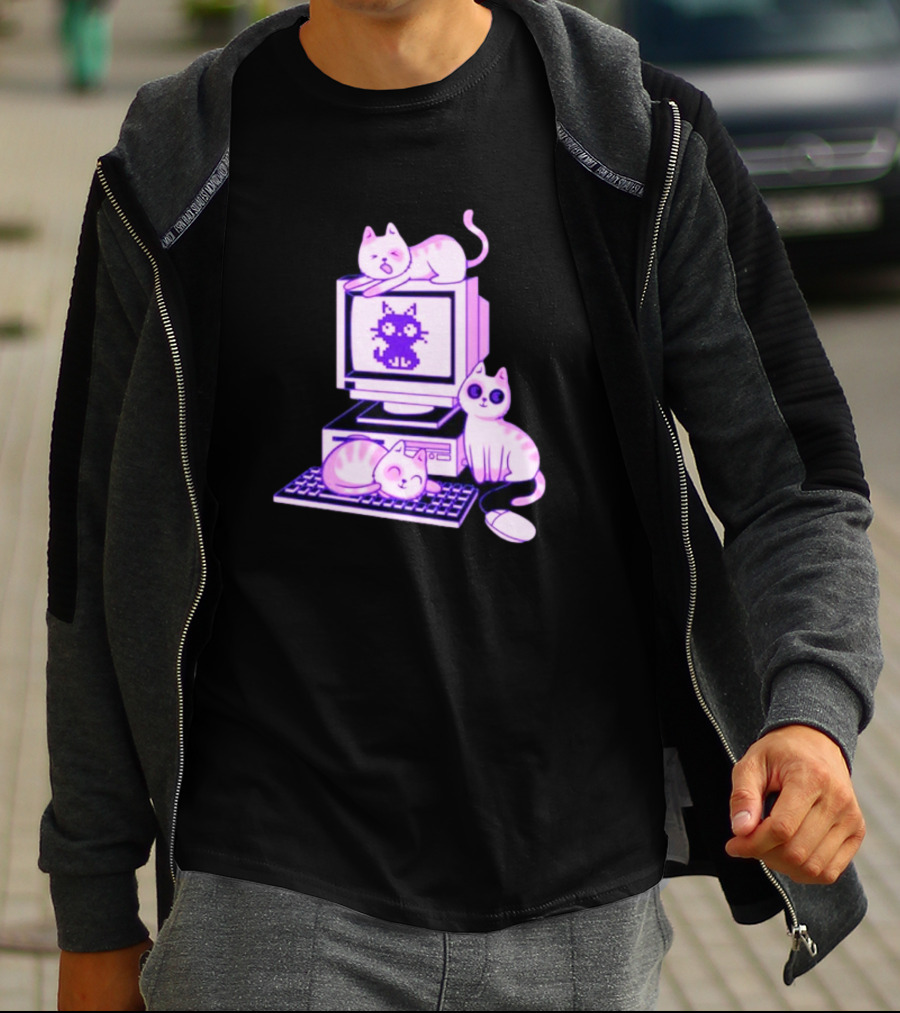 Cats Over Retro Computer With Pixel Art Cat On Screen T-Shirt