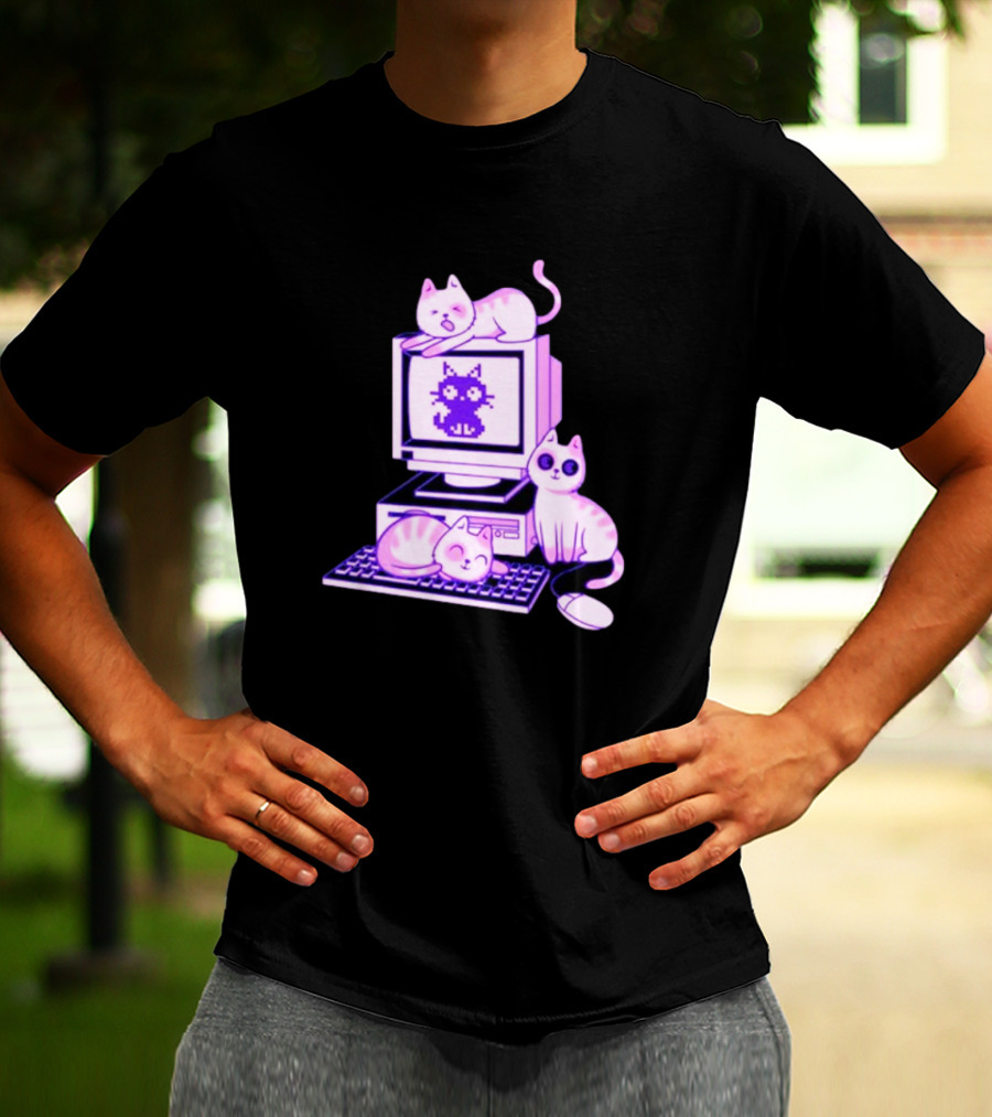 Cats Over Retro Computer With Pixel Art Cat On Screen T-Shirt