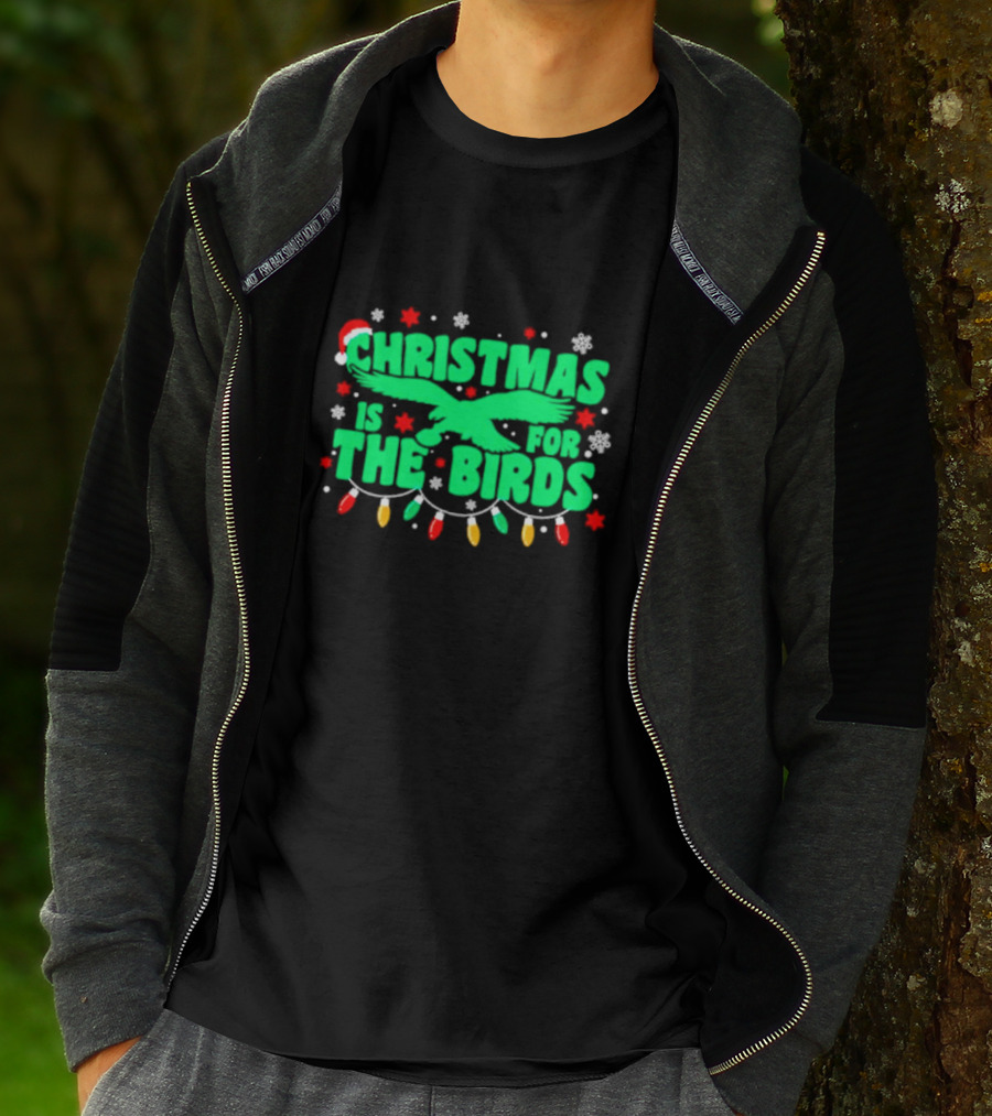 Christmas Is For The Birds Festive Holiday Lights Snowflakes Santa Hat T-Shirt