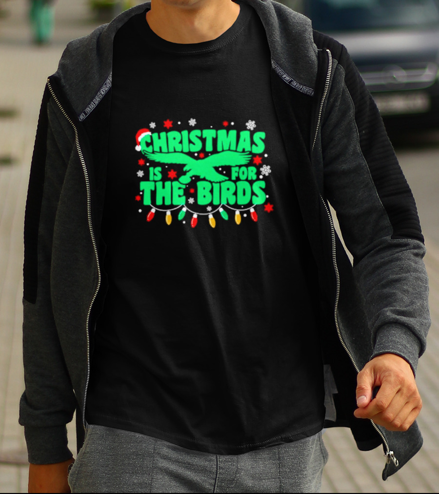 Christmas Is For The Birds Festive Holiday Lights Snowflakes Santa Hat T-Shirt