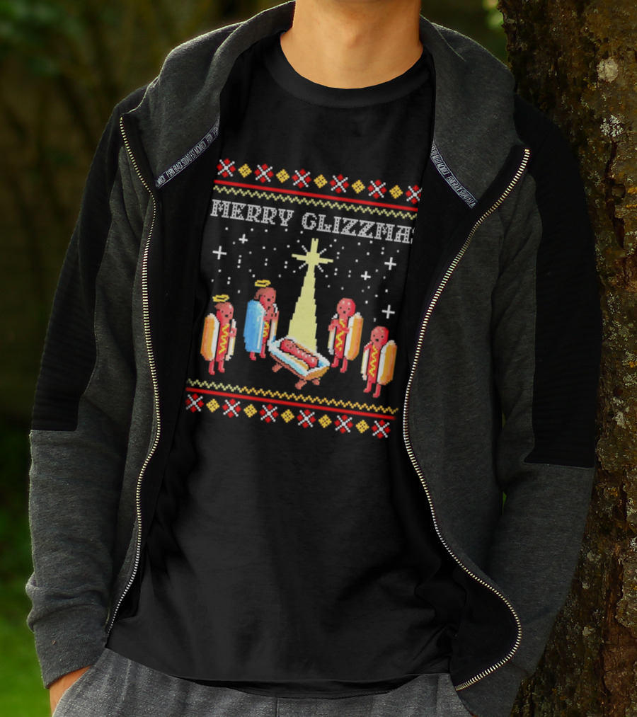Merry Glizzmas Nativity Hot Dog Angels Scene Ugly Christmas T-Shirt
