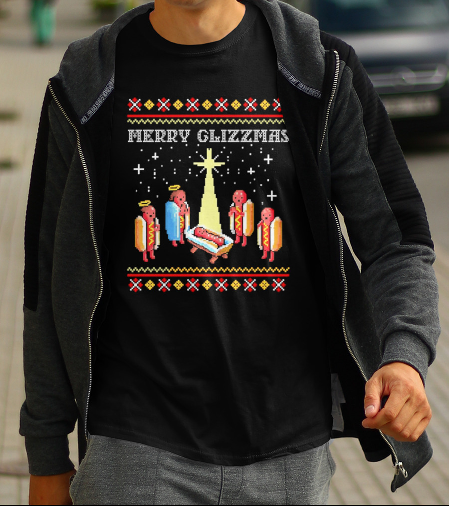 Merry Glizzmas Nativity Hot Dog Angels Scene Ugly Christmas T-Shirt
