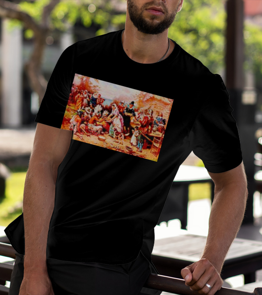 The First Thanksgiving 1621 Pilgrims And Native Americans Harvest Feast T-Shirt