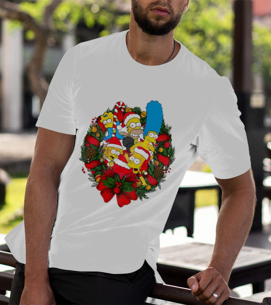 The Simpsons Holiday Wreath With Santa Hats And Candy Canes T-Shirt