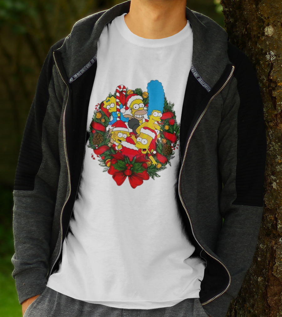 The Simpsons Holiday Wreath With Santa Hats And Candy Canes T-Shirt