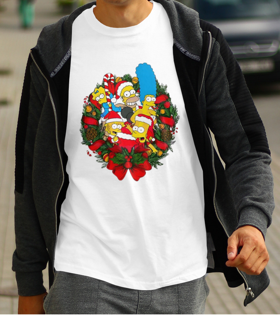 The Simpsons Holiday Wreath With Santa Hats And Candy Canes T-Shirt