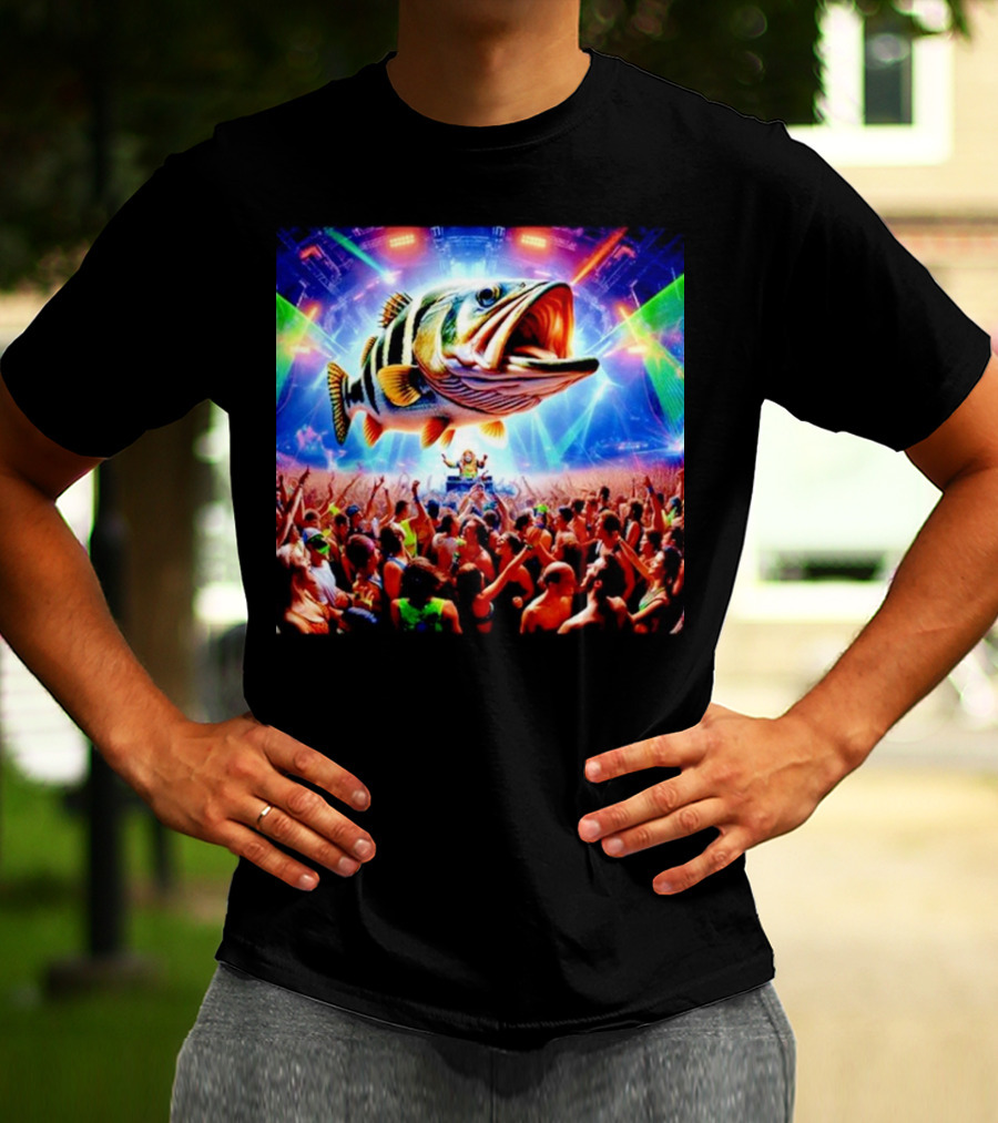 When The Bass Drops With Giant Fish Over Rave Crowd T-Shirt
