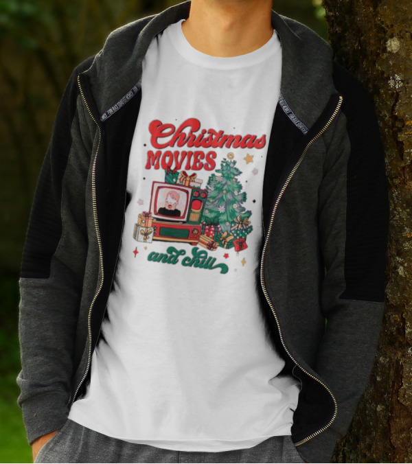Christmas Movies And Chill Retro TV Christmas Tree Presents T-Shirt