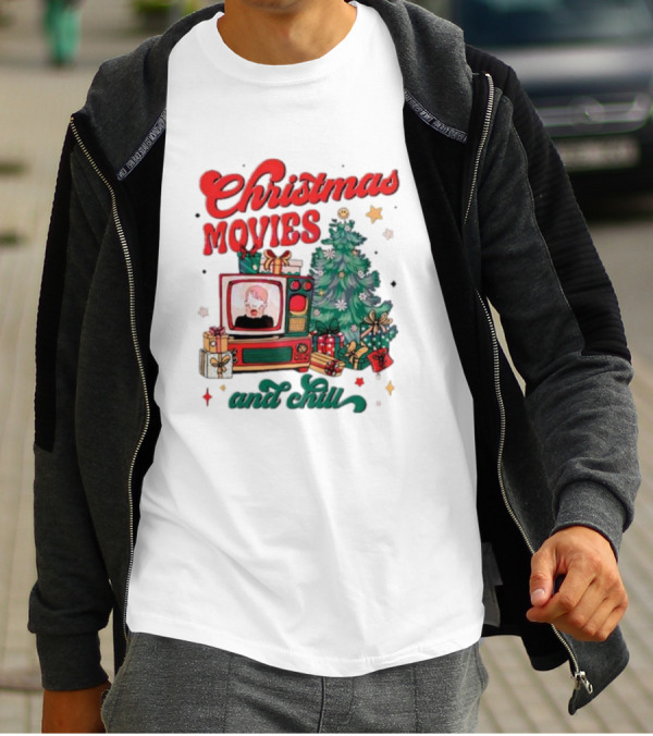 Christmas Movies And Chill Retro TV Christmas Tree Presents T-Shirt