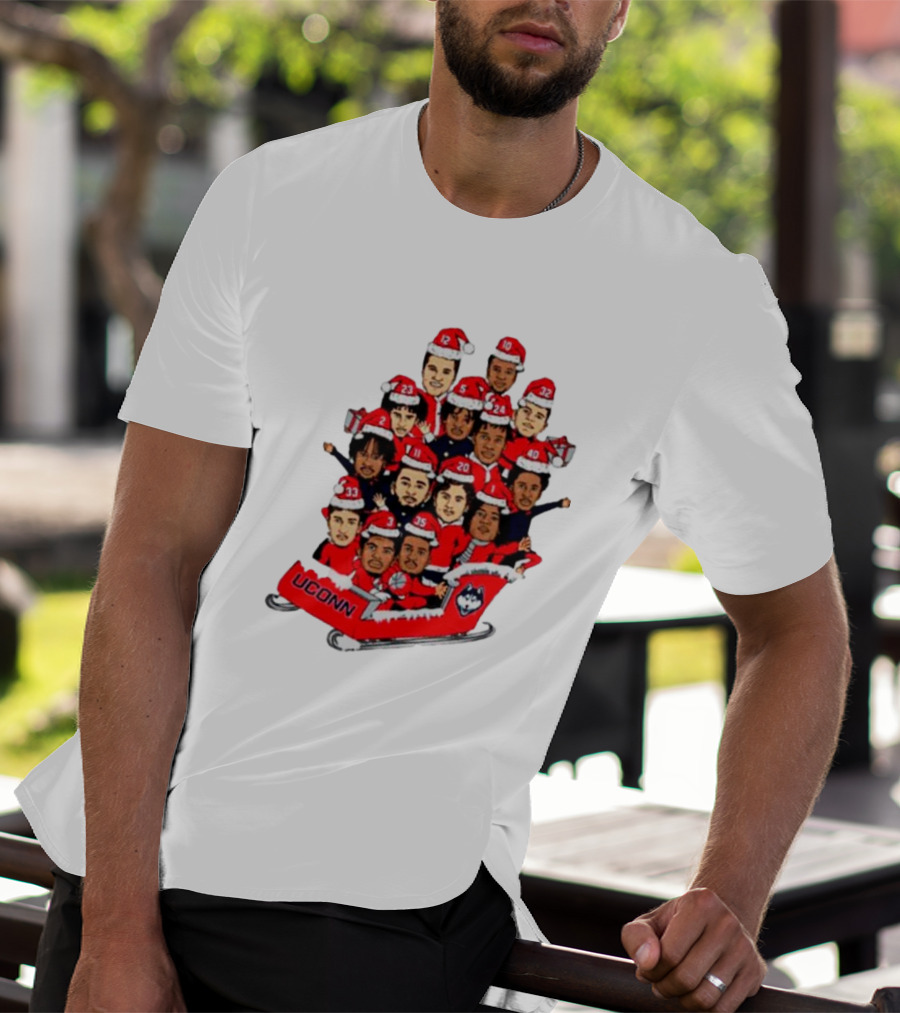 UConn Huskies Christmas Cartoon Sled Team Santa Hats T-Shirt
