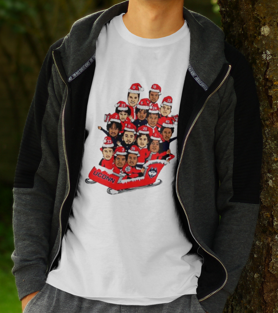 UConn Huskies Christmas Cartoon Sled Team Santa Hats T-Shirt