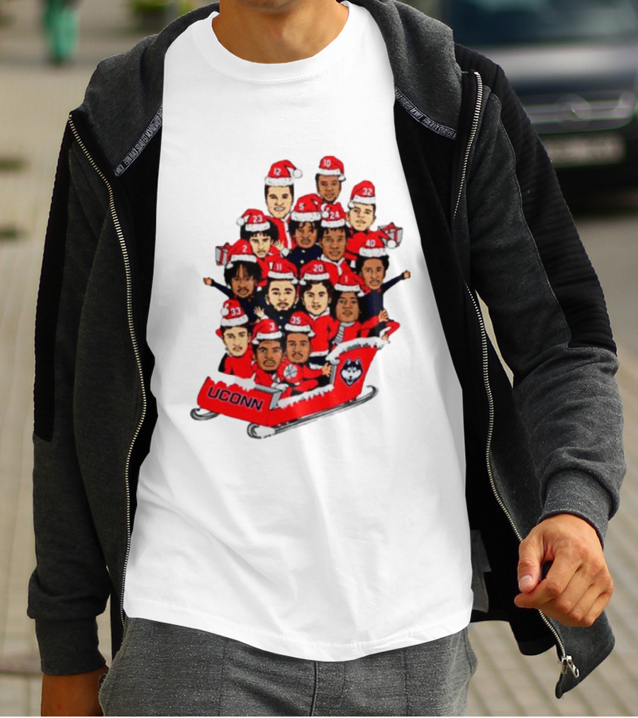 UConn Huskies Christmas Cartoon Sled Team Santa Hats T-Shirt