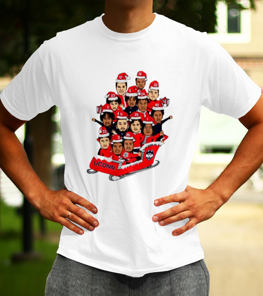 UConn Huskies Christmas Cartoon Sled Team Santa Hats T-Shirt