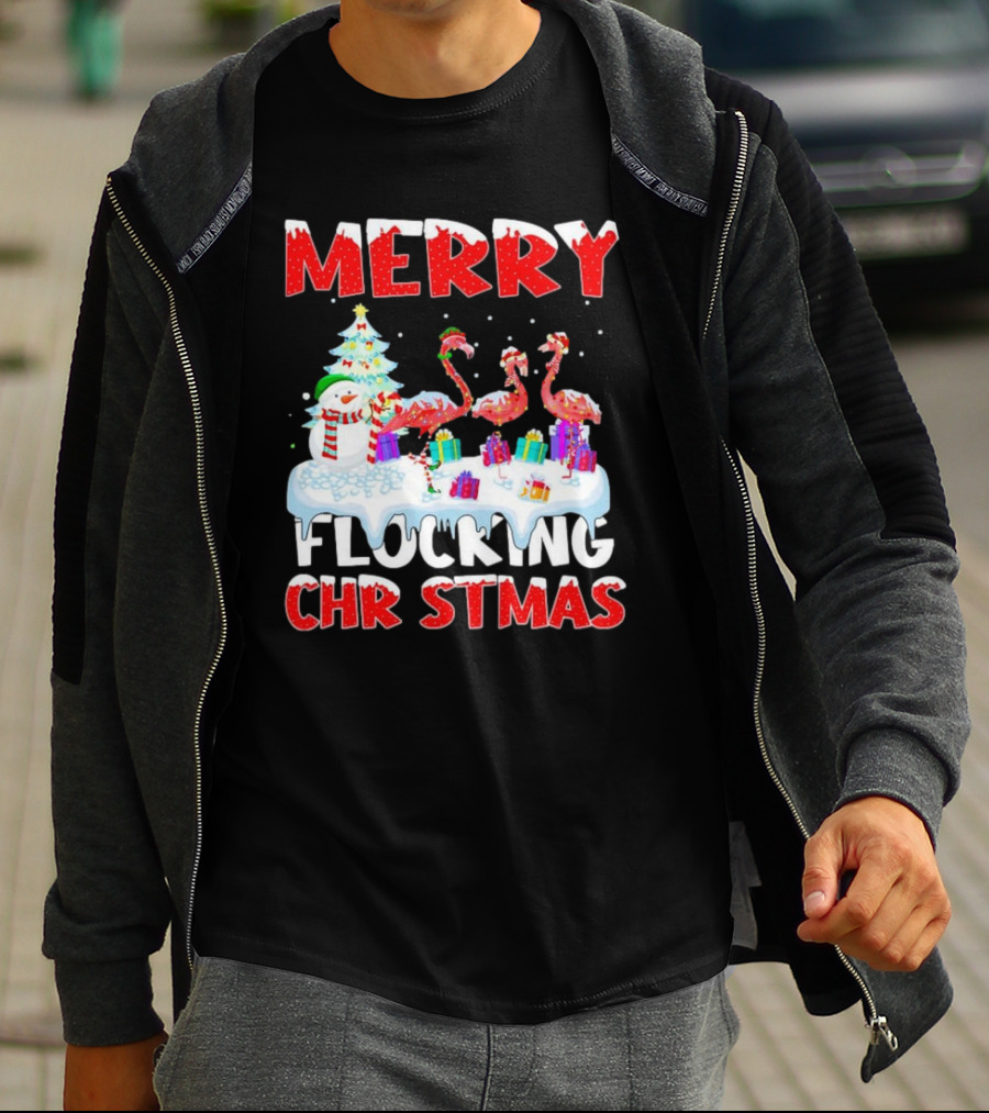 Merry Flocking Christmas Flamingo And Snowman Festive T-Shirt