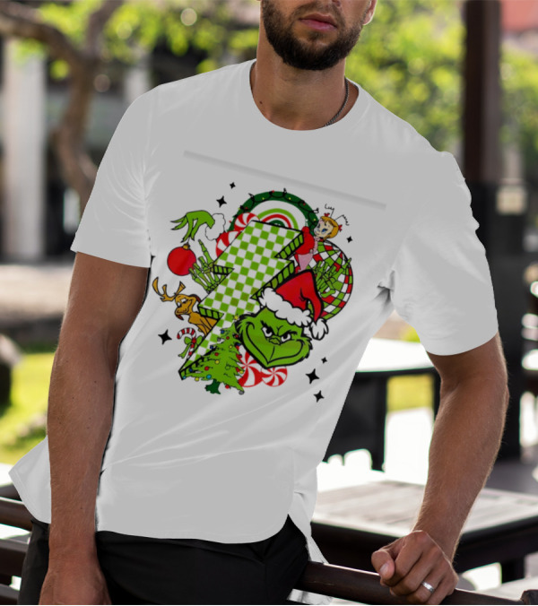 Grinch Christmas Checkered Lightning Bolt With Friends And Festive Decorations T-Shirt