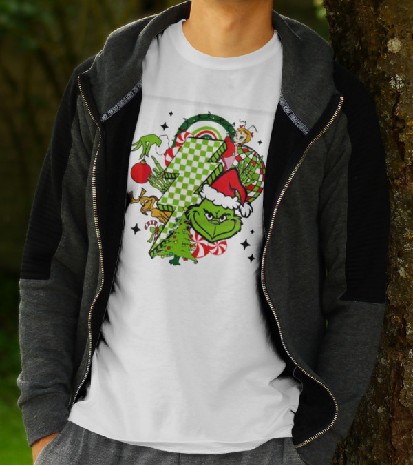 Grinch Christmas Checkered Lightning Bolt With Friends And Festive Decorations T-Shirt