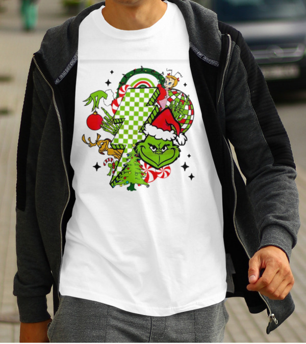 Grinch Christmas Checkered Lightning Bolt With Friends And Festive Decorations T-Shirt