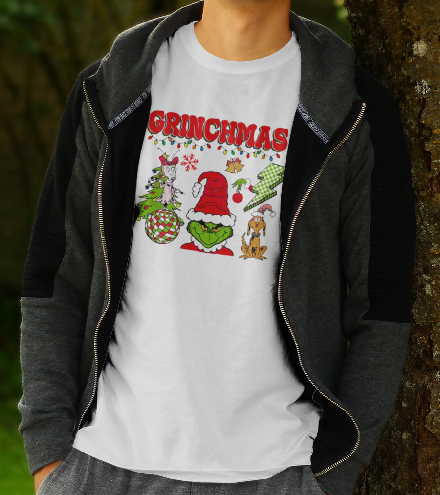 Grinch Grinchmas Red Hat Christmas Tree Max Dog Lightning Bolt Ornaments T-Shirt