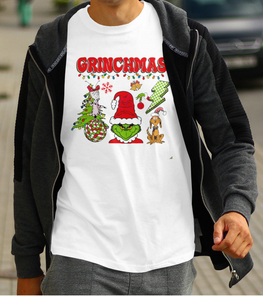 Grinch Grinchmas Red Hat Christmas Tree Max Dog Lightning Bolt Ornaments T-Shirt