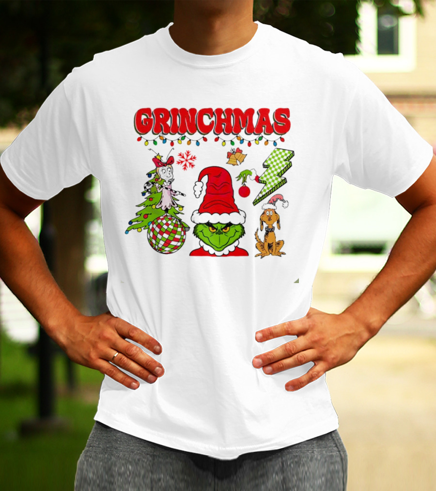 Grinch Grinchmas Red Hat Christmas Tree Max Dog Lightning Bolt Ornaments T-Shirt