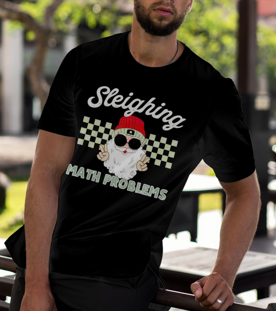 Sleighing Math Problems Santa Peace Sign Checkered Background T-Shirt
