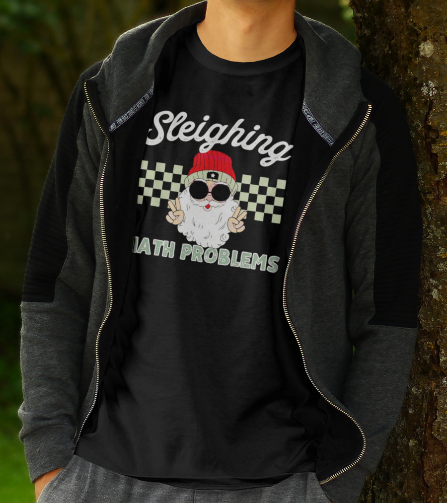 Sleighing Math Problems Santa Peace Sign Checkered Background T-Shirt