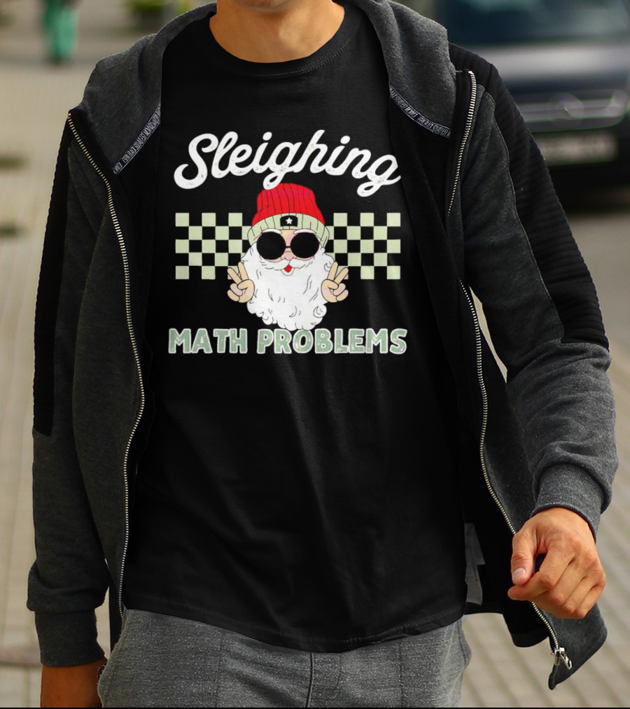 Sleighing Math Problems Santa Peace Sign Checkered Background T-Shirt