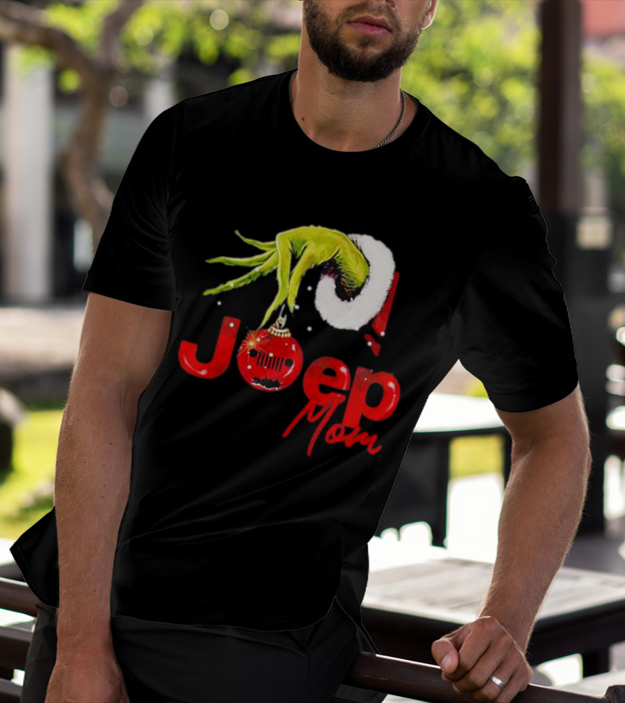 Grinch Hand With Santa Hat Holding Christmas Ornament Jeep Mom T-Shirt