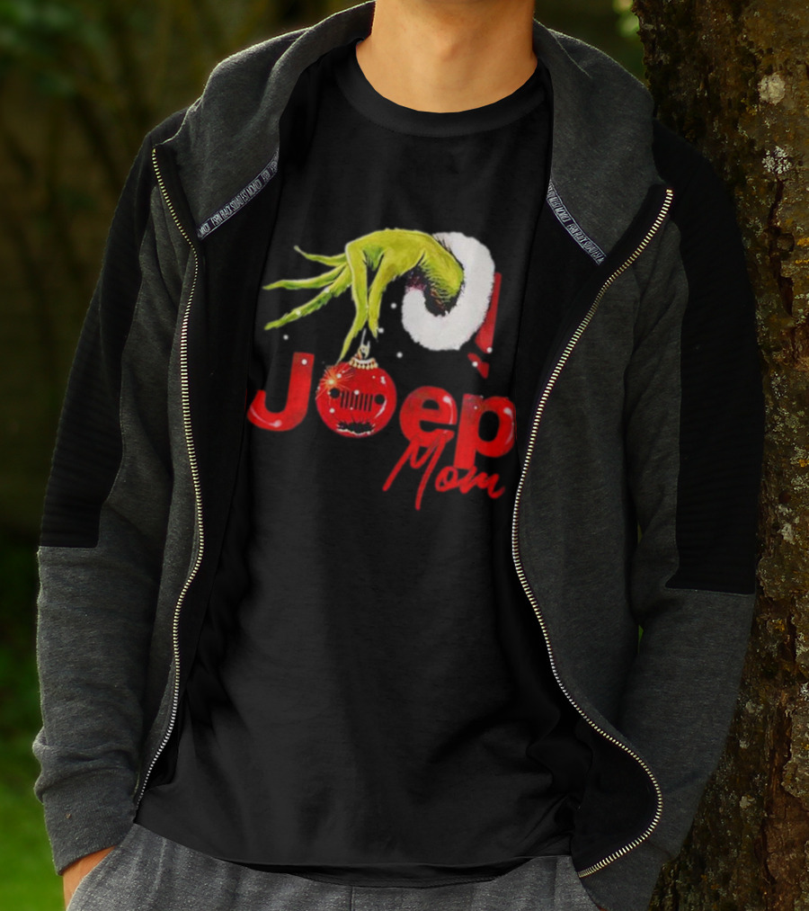 Grinch Hand With Santa Hat Holding Christmas Ornament Jeep Mom T-Shirt
