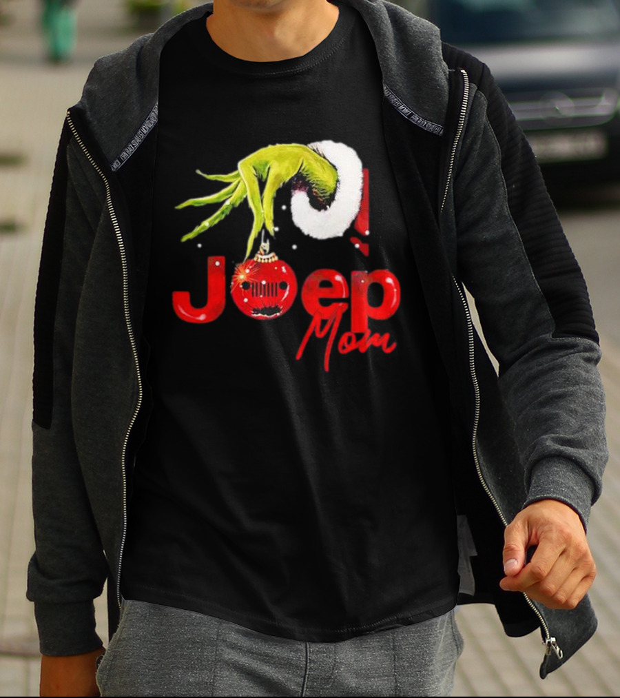 Grinch Hand With Santa Hat Holding Christmas Ornament Jeep Mom T-Shirt