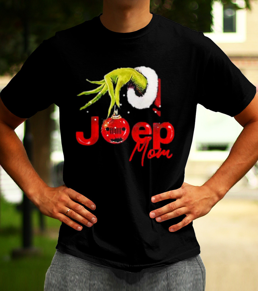 Grinch Hand With Santa Hat Holding Christmas Ornament Jeep Mom T-Shirt