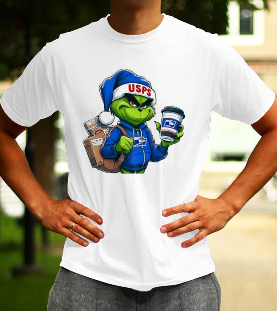 USPS Grinch Merry Christmas Delivery With Packages And Coffee T-Shirt